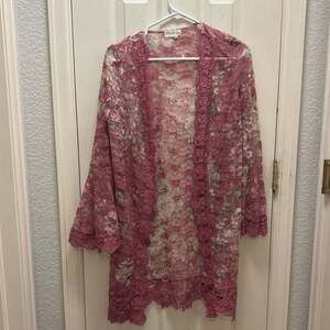 Jolie & Joy Pink Kimono Duster Lace Crochet Sheer Floral Francesca's New